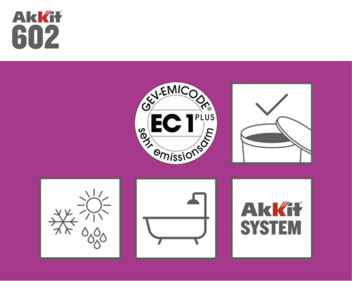 Informații despre produsul Akkit 602 cu sigiliul GEV Emicode EC 1 Plus pentru produse cu emisii foarte scăzute, instrucțiuni de prelucrare și sigla sistemului Akkit