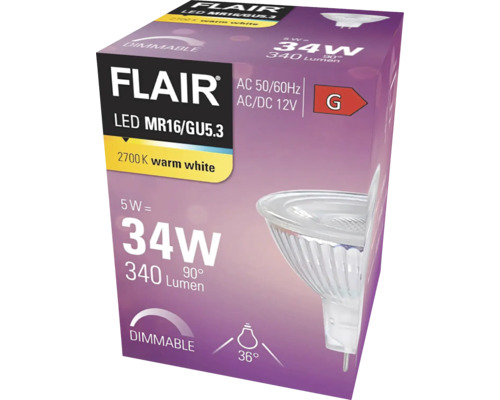 Ambalaj pentru un bec LED Flair MR16/GU5.3 cu intensitate reglabilă, cu 5 wați, 340 lumeni și clasa de eficiență energetică G
