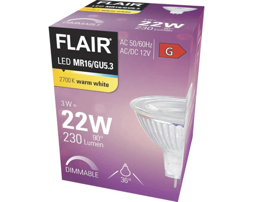 Ambalajul unui bec LED Flair MR16/GU5.3, cu intensitate luminoasă reglabilă