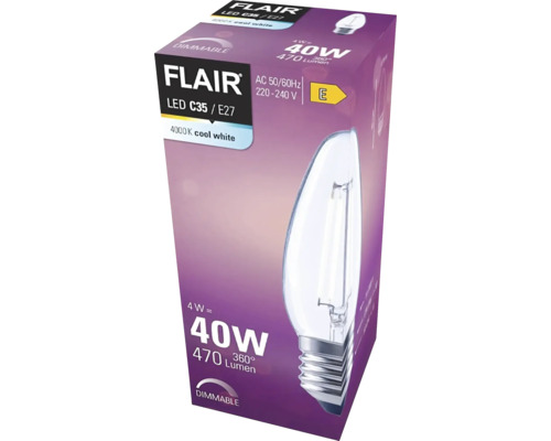 Ambalaj pentru un bec LED Flair C35 E27 dimabil cu 4 wați, echivalent cu 40 wați, 470 lumeni și 4000 kelvini alb rece