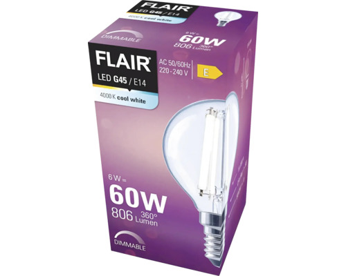 Bec Flair LED G45 E14 în ambalajul produsului