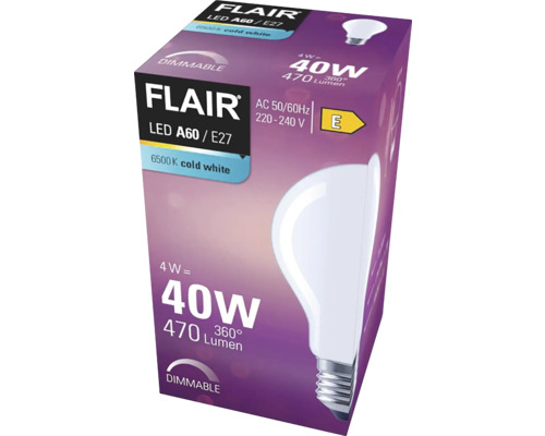 Ambalaj pentru un bec LED Flair A60 E27, reglabil, cu putere de 4 wați și lumină albă rece