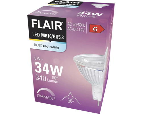 Ambalajul unui bec LED Flair MR16/GU5.3 reglabil cu lumină albă rece de 4000 Kelvin