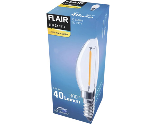 Ambalaj pentru un bec LED Flair C7/E14 nedimabil cu 40 lumeni și lumină albă caldă