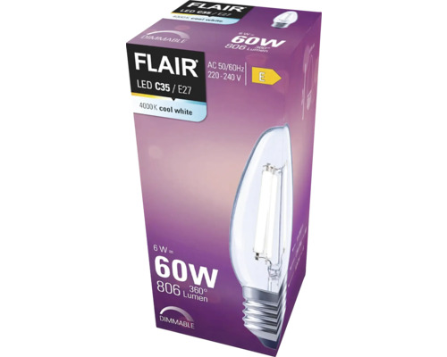 Ambalaj bec LED Flair C35 E27 reglabil cu lumină albă rece de 4000 Kelvin