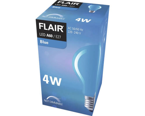 Ambalaj bec LED albastru Flair A60 E27 de 4 wați, care nu poate fi reglat