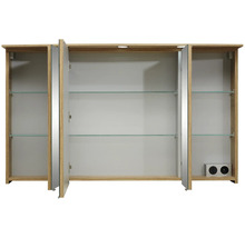 Dulap cu oglindă deschis cu trei uși și rafturi de sticlă