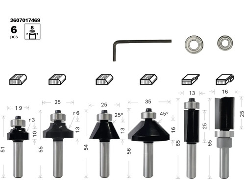 Set de freze din șase piese cu coadă de 8 mm și accesorii
