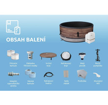Conținutul livrării unui jacuzzi gonflabil cu cartușe de filtrare, acoperire, pompă și accesorii