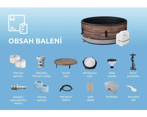 Conținutul livrării unui jacuzzi gonflabil cu cartușe de filtrare, acoperire, pompă și accesorii