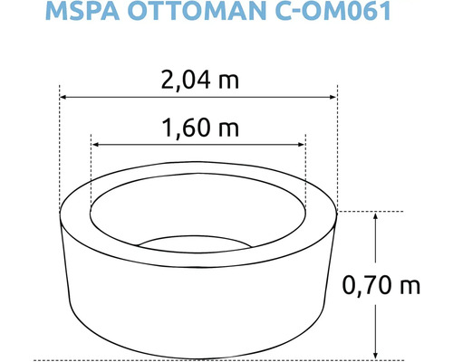 Dimensiunile produsului MSPA Ottoman C-OM061: 2,04 metri lungime, 1,60 metri lățime și 0,70 metri înălțime.