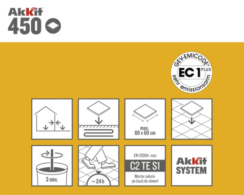 Detalii despre produs și instrucțiuni de aplicare pentru adezivul pentru gresie și faianță Akkit 450.