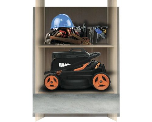 Depozitarea uneltelor și a mașinii de tuns iarba pe raft