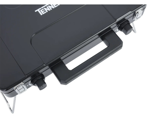 Vizualizare detaliată a aragazului portabil pe gaz de la Tenneker cu mâner de transport și butoane rotative.