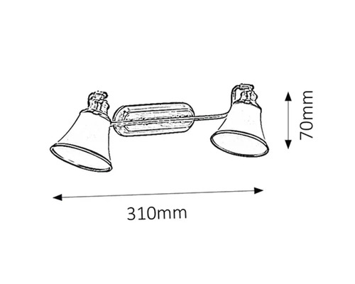 Imagine cu o lampă de perete cu două spoturi, dimensiuni 310 mm lățime și 70 mm înălțime