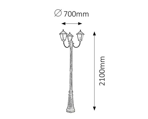 Schiță a unei lămpi de exterior cu trei brațe cu dimensiunile de 700 milimetri în diametru și 2100 milimetri înălțime.