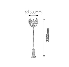 Desen tehnic al unui felinar cu trei brațe, înalt de 2300 mm și lat de 600 mm