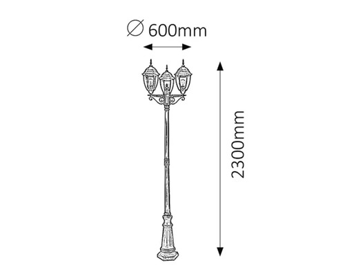 Desen tehnic al unui felinar cu trei brațe, înalt de 2300 mm și lat de 600 mm