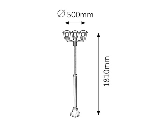Desen cu o lampă de exterior cu trei capete de iluminat, înălțime de 1810 milimetri, diametru de 500 milimetri