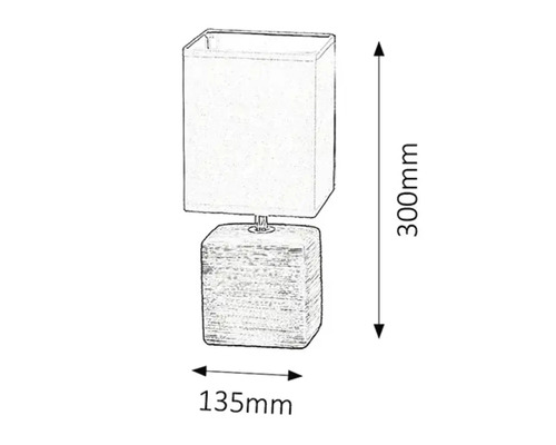 Schiță a unei lămpi de masă cu dimensiunile de 300 mm înălțime și 135 mm lățime.