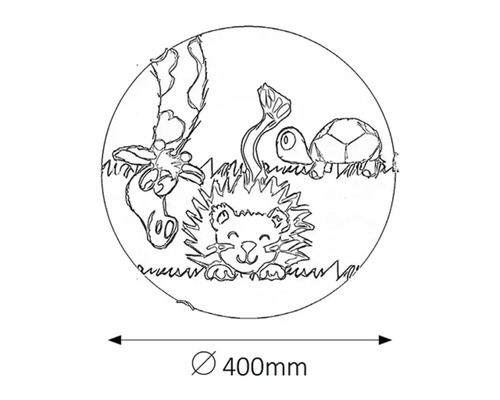 Desen al unui cerc cu o girafă, o broască țestoasă și un leu, diametru 400 mm