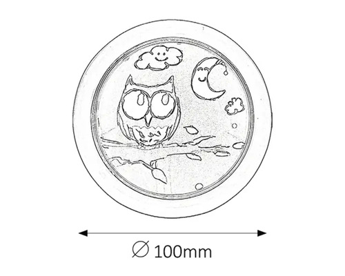 Schiță a unui decor rotund cu o bufniță pe o ramură sub nori și lună, diametru 100 milimetri
