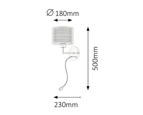 Desen tehnic al unei lămpi de perete cu dimensiunile de 180 mm diametru, 500 mm înălțime și 230 mm adâncime.