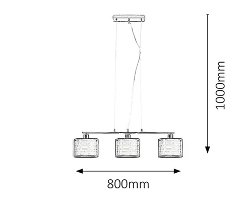 Desen tehnic al unei lămpi suspendate cu trei abajururi, lată de 800 mm și înaltă de 1000 mm