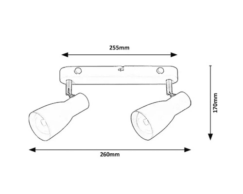 Schiță a unei lămpi de tavan cu două spoturi și dimensiuni