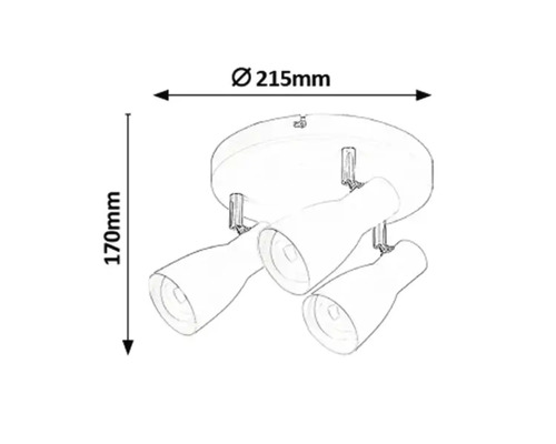 Desen tehnic al unei lămpi de plafon cu trei spoturi și dimensiuni
