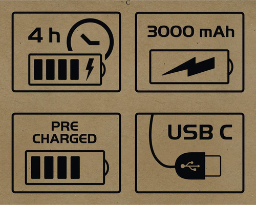 Simboluri pentru patru ore timp de încărcare, 3000 mAh, preîncărcat și USB-C