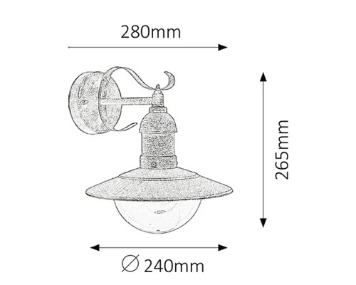 Desen tehnic al unei lămpi de perete cu dimensiunile de 280 mm lățime, 265 mm înălțime și 240 mm diametru