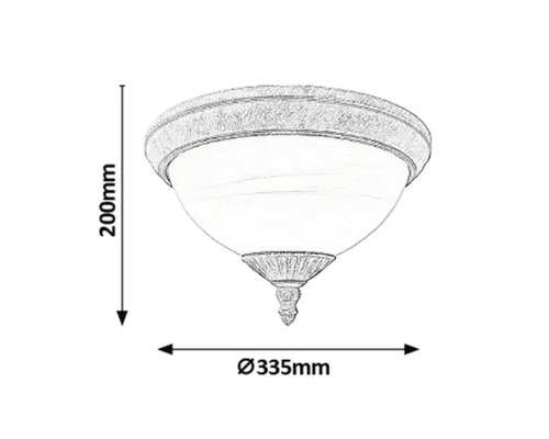 Desen tehnic al unei lămpi de tavan cu dimensiunile de 200 mm înălțime și 335 mm diametru.