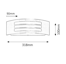 Desen tehnic al unei lămpi de perete cu dimensiuni: 318 mm lățime, 100 mm înălțime și 90 mm adâncime.