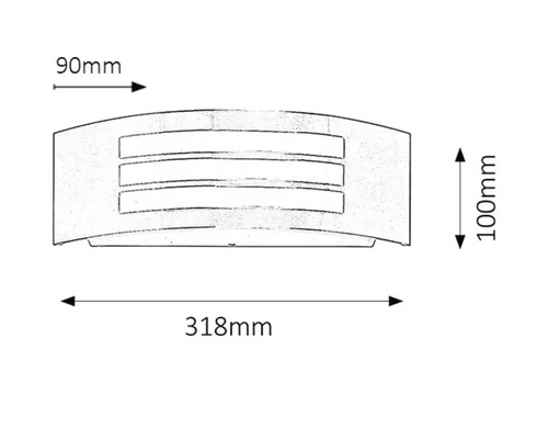 Desen tehnic al unei lămpi de perete cu dimensiuni: 318 mm lățime, 100 mm înălțime și 90 mm adâncime.