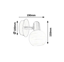 Schiță a unei lămpi de perete cu dimensiuni: 190 mm lungime, 100 mm diametrul suportului de perete, 150 mm înălțimea lămpii.