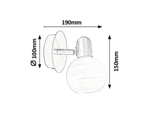 Schiță a unei lămpi de perete cu dimensiuni: 190 mm lungime, 100 mm diametrul suportului de perete, 150 mm înălțimea lămpii.