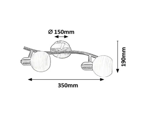 Desen tehnic al unei lămpi de perete cu două spoturi și dimensiuni.