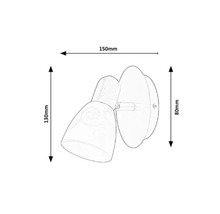 Schiță a unei lămpi de perete cu dimensiuni de 150 mm lățime, 130 mm înălțime și 80 mm adâncime.