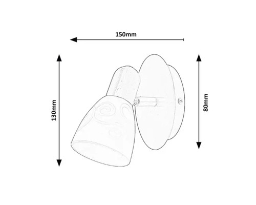 Schiță a unei lămpi de perete cu dimensiuni de 150 mm lățime, 130 mm înălțime și 80 mm adâncime.