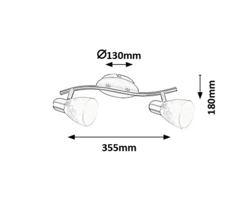 Dimensiunile unei lămpi de tavan cu două spoturi: diametru 130 milimetri, înălțime 180 milimetri și lungime 355 milimetri