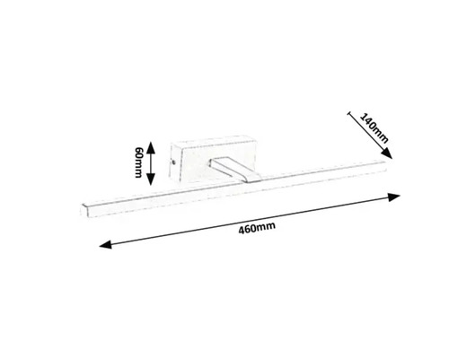 Schiță a unei lămpi de perete cu LED cu dimensiunile de 460 mm lățime, 140 mm adâncime și 60 mm înălțime.