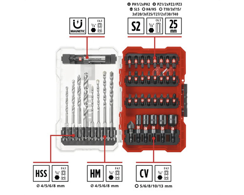 Set de burghie și biți în cutie de depozitare deschisă