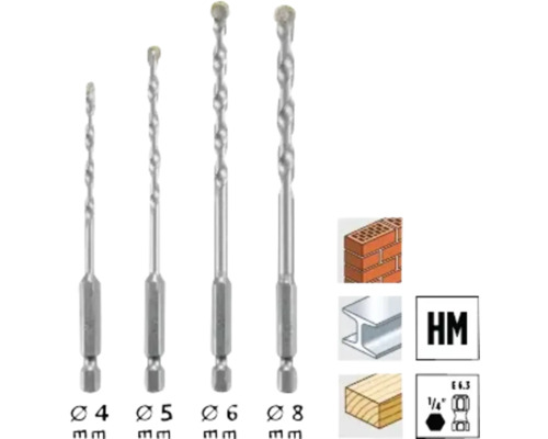 Set de patru burghie pentru piatră cu diametre de la 4 mm la 8 mm