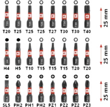O selecție de biți de șurubelniță de 25 de milimetri pentru diverse tipuri de șuruburi