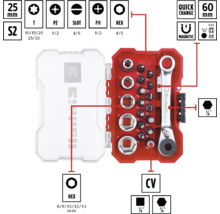 Set de biți cu cheie tubulară Einhell cu clichet, diverși biți și atașamente pentru chei tubulare într-o cutie de depozitare transparentă