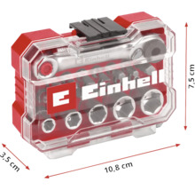 Un set de biți și chei tubulare Einhell cu clichet într-un ambalaj din plastic transparent.