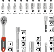 Set chei tubulare Einhell cu clichet și diverse accesorii