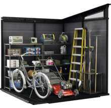 Șopron de grădină cu rafturi, unelte de grădinărit, scară, mașină de tuns iarba și bicicletă