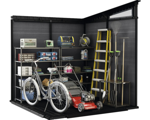 Șopron de grădină cu rafturi, unelte de grădinărit, scară, mașină de tuns iarba și bicicletă